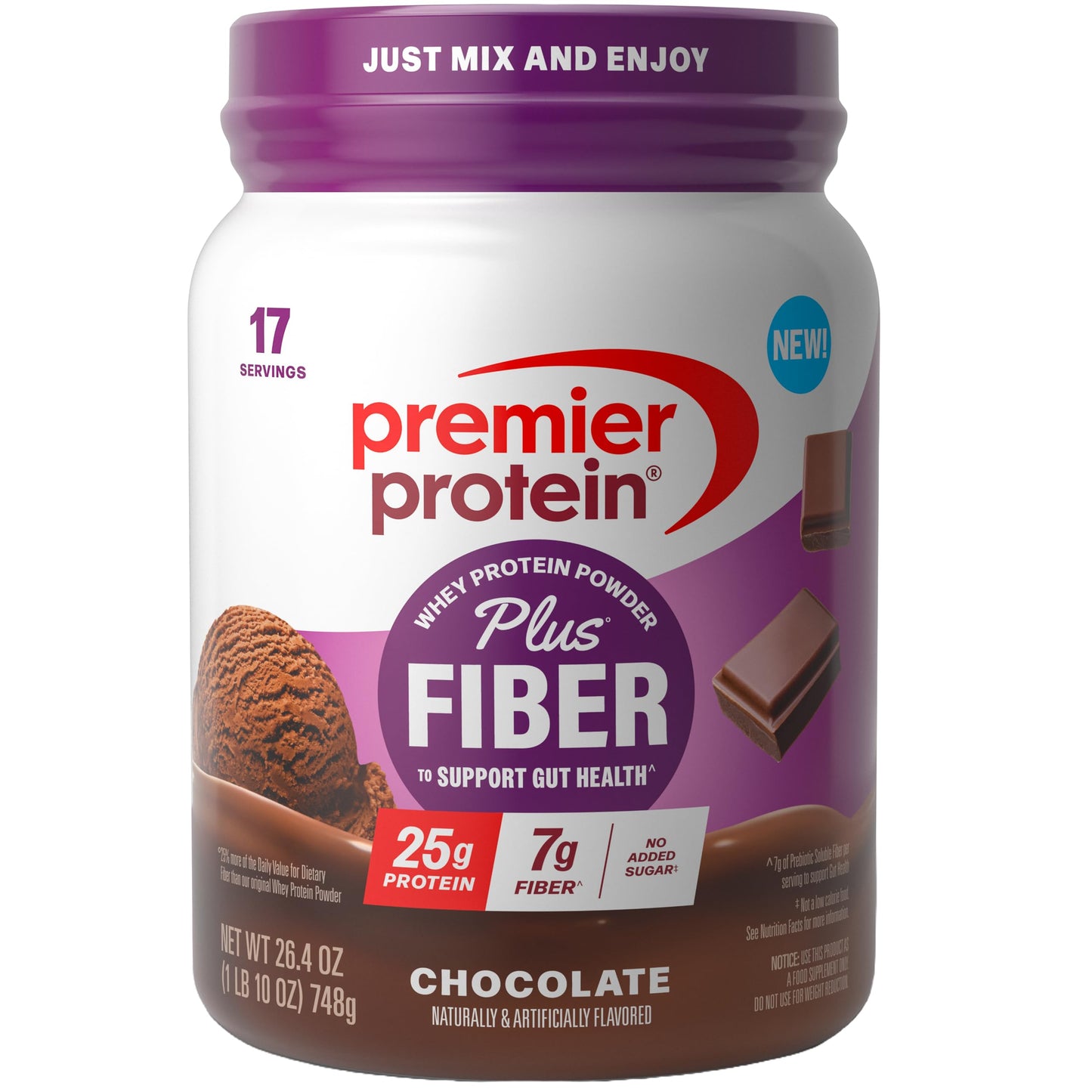 Premier Protein Powder Plus Fiber, Vanilla, 25g Protein, 7g Fiber to Support Gut Health, No Added Sugar (17 Servings)