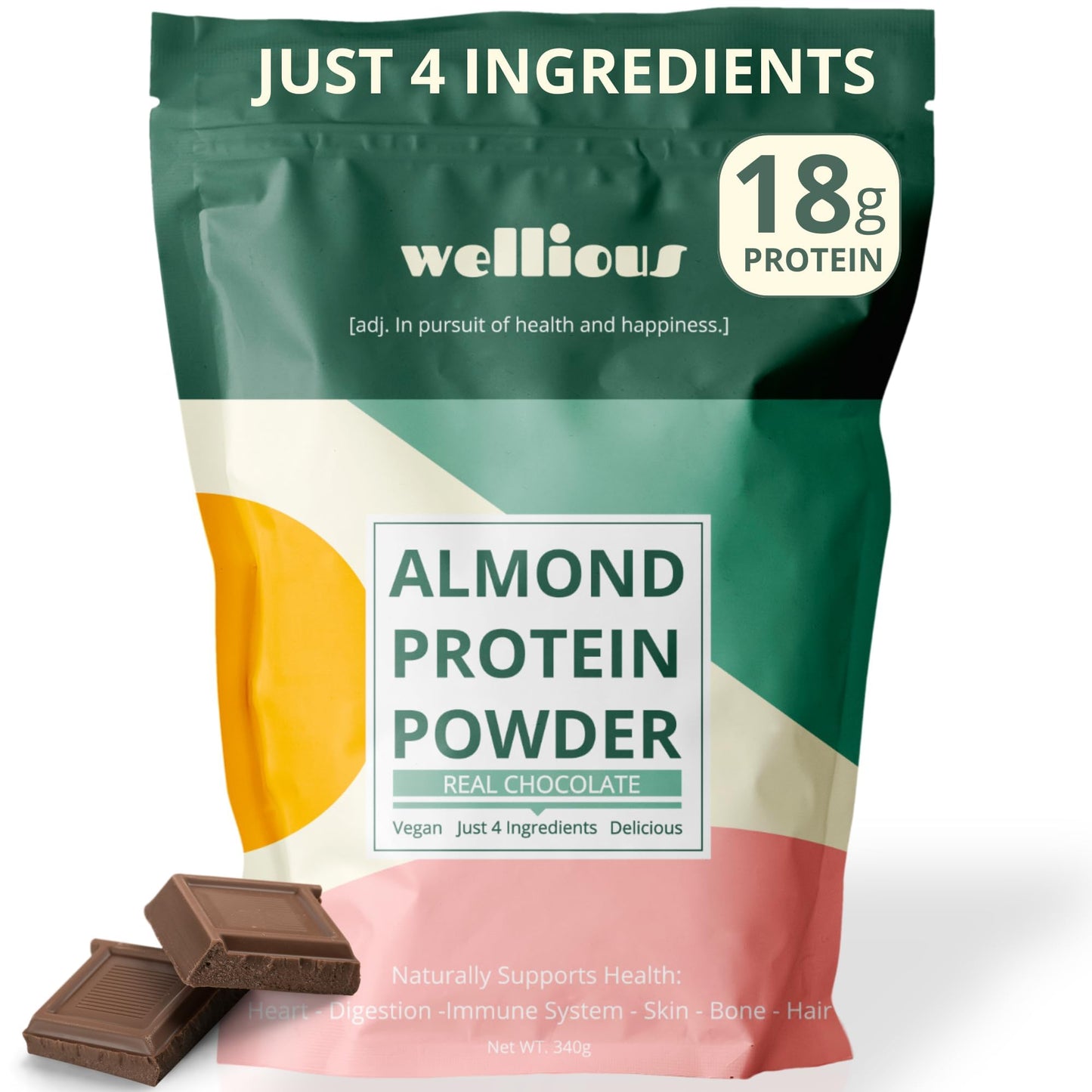 wellious Almond Protein Powder (Vanilla) - 18 Grams of Pure Healthiest Vegan Protein for Women & Men - Perfect Soy-Free & Smooth Gut Friendly Protein Powder for Sports Nutrition
