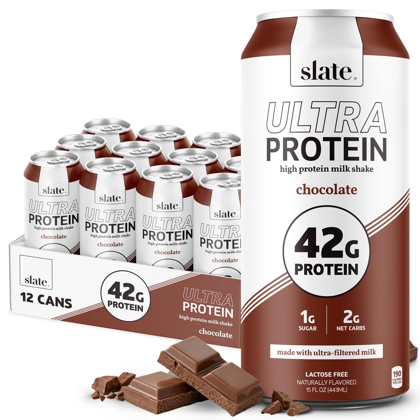 Slate Milk - Ultra Protein Shake - Vanilla - 42g Protein, 1g Sugar, 180 Calories, 1g Net Carbs - Lactose Free, No Added Sugar - Made with Ultra Filtered Milk - Breakfast Boost, Post Workout - 15 fl oz, 12 Cans
