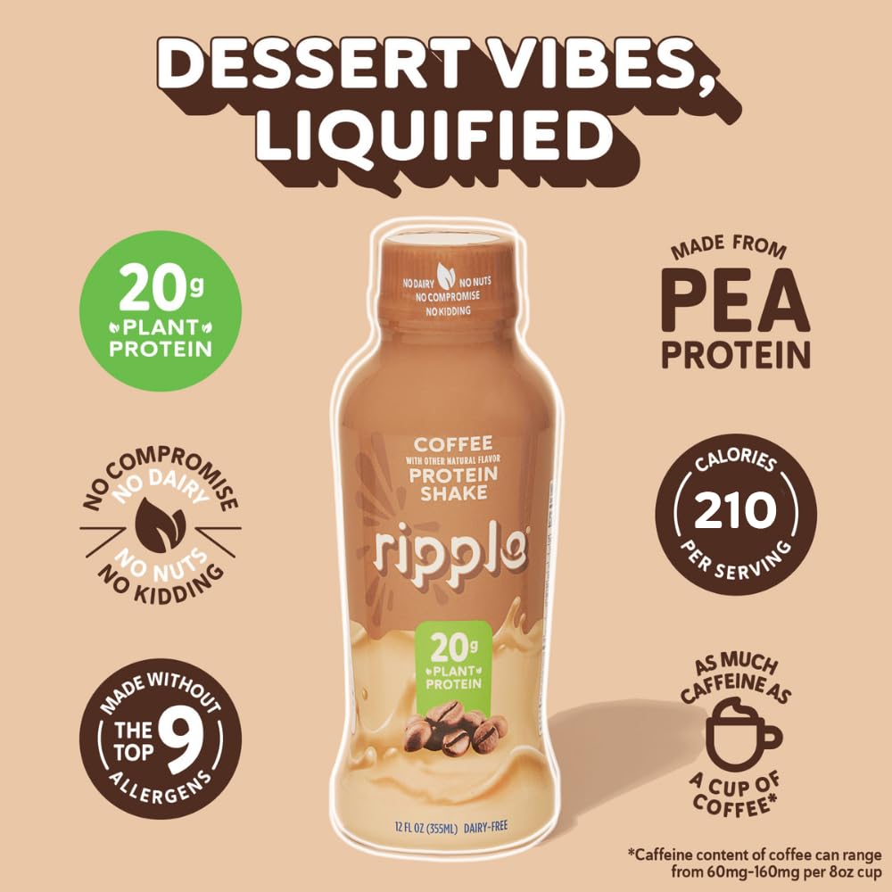 Ripple Coffee Plant Based Protein Shake | 20g of Quality Sourced Pea Protein, 100mg Caffeine, Calcium | Shelf Stable | Vegan & Non GMO | Dairy, Soy, Nut, & Gluten Free | 12 Fl Oz Bottles (Pack of 12)