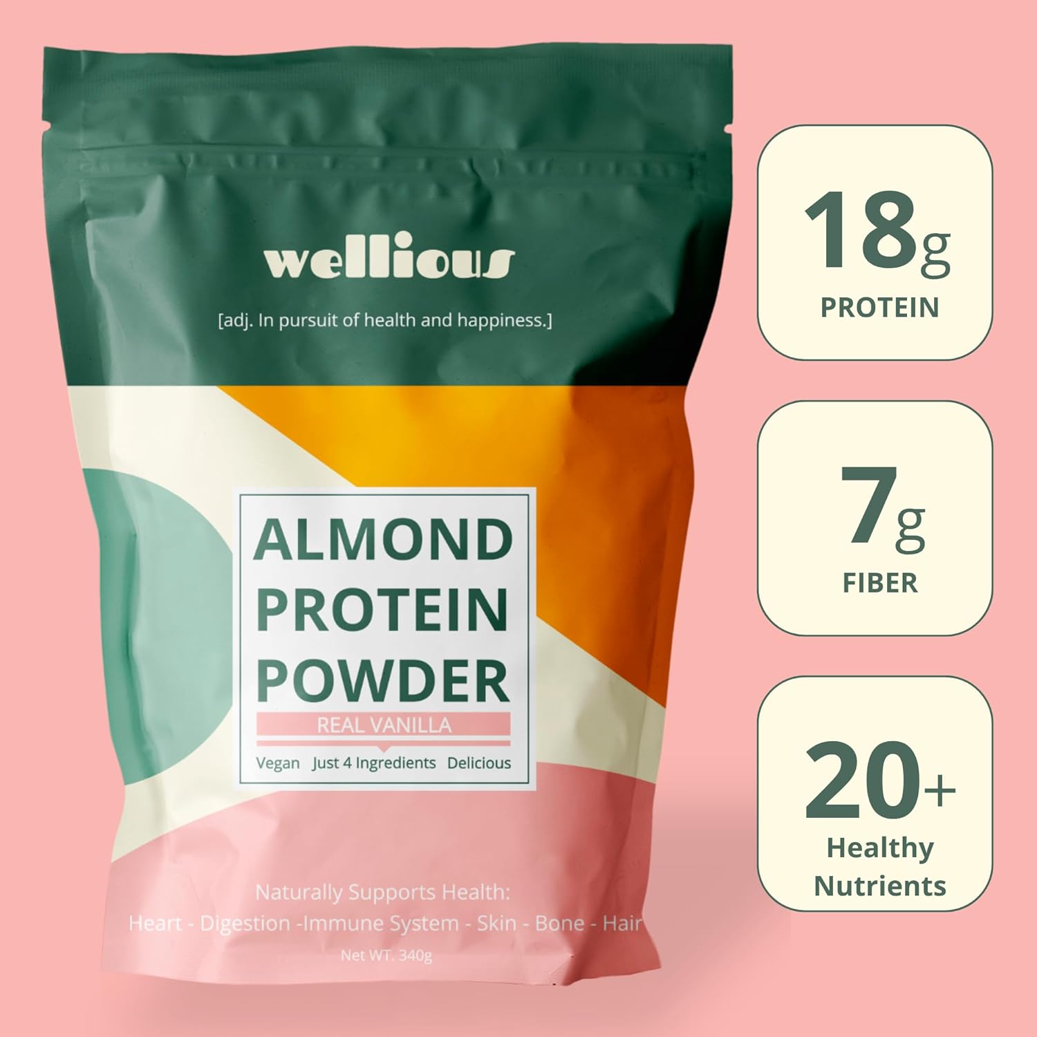 wellious Almond Protein Powder (Vanilla) - 18 Grams of Pure Healthiest Vegan Protein for Women & Men - Perfect Soy-Free & Smooth Gut Friendly Protein Powder for Sports Nutrition
