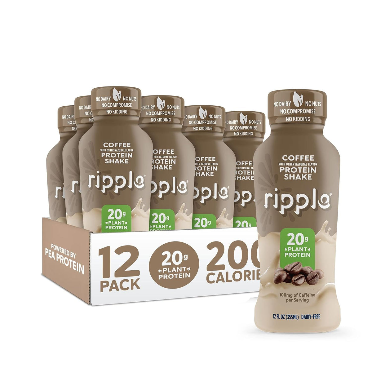 Ripple Coffee Plant Based Protein Shake | 20g of Quality Sourced Pea Protein, 100mg Caffeine, Calcium | Shelf Stable | Vegan & Non GMO | Dairy, Soy, Nut, & Gluten Free | 12 Fl Oz Bottles (Pack of 12)