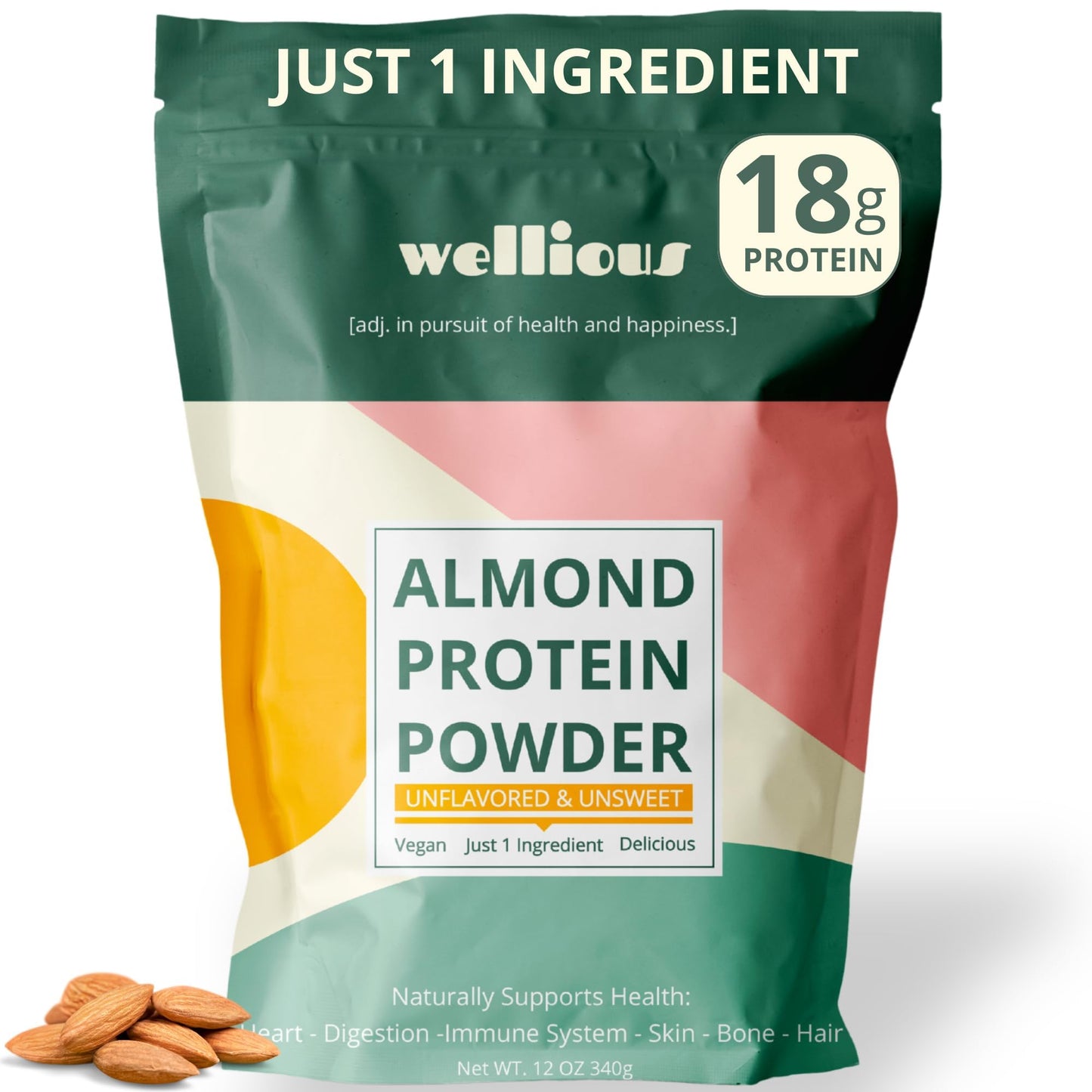 wellious Almond Protein Powder (Vanilla) - 18 Grams of Pure Healthiest Vegan Protein for Women & Men - Perfect Soy-Free & Smooth Gut Friendly Protein Powder for Sports Nutrition
