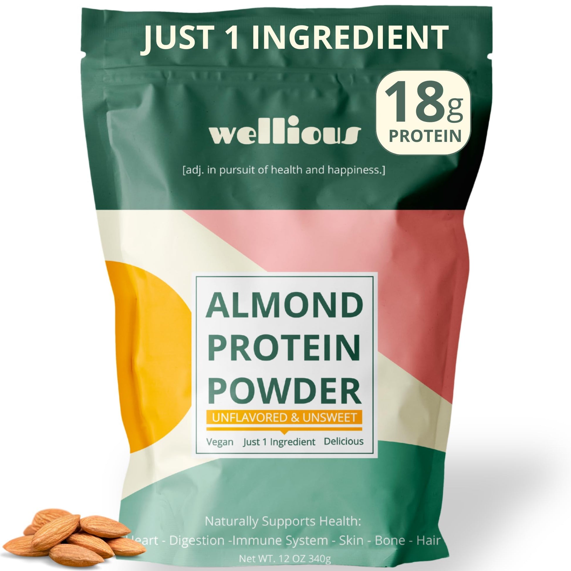 wellious Almond Protein Powder (Vanilla) - 18 Grams of Pure Healthiest Vegan Protein for Women & Men - Perfect Soy-Free & Smooth Gut Friendly Protein Powder for Sports Nutrition