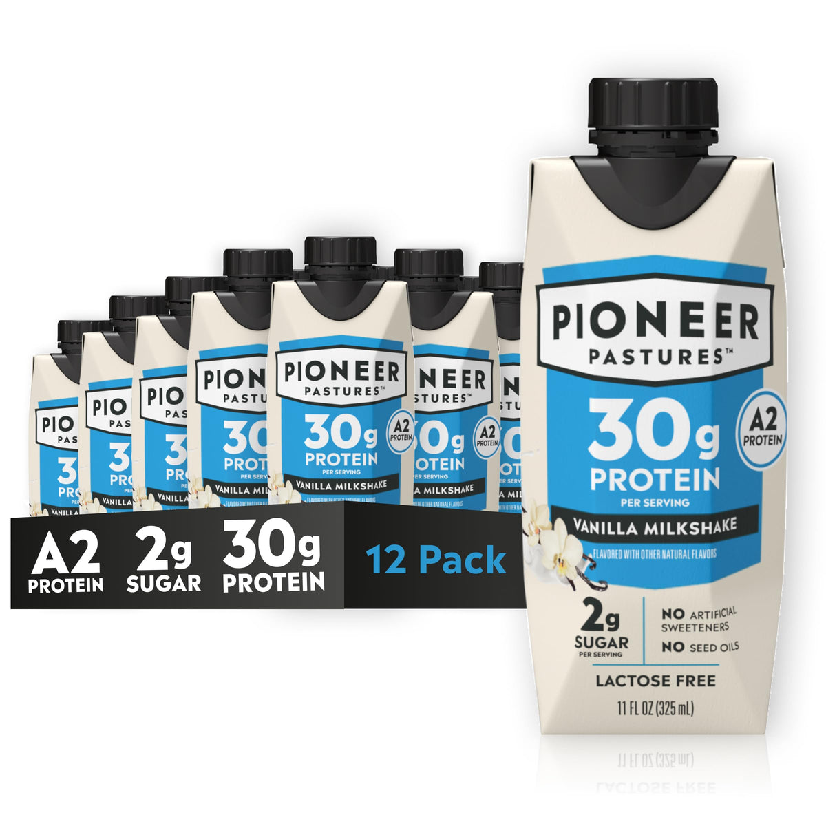 Pioneer Pastures Protein A2 Milkshakes, Strawberries & Cream, 11oz, 12 Pack