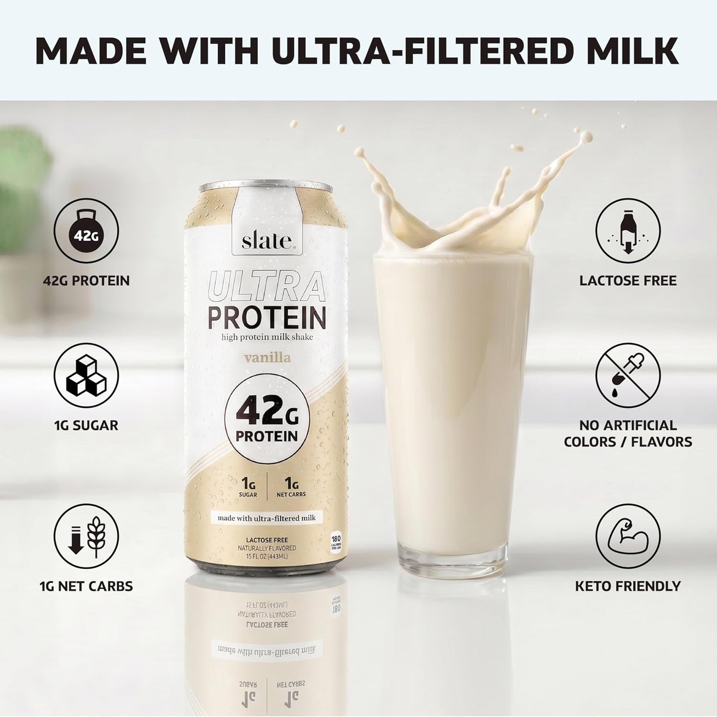 Slate Milk - Ultra Protein Shake - Vanilla - 42g Protein, 1g Sugar, 180 Calories, 1g Net Carbs - Lactose Free, No Added Sugar - Made with Ultra Filtered Milk - Breakfast Boost, Post Workout - 15 fl oz, 12 Cans