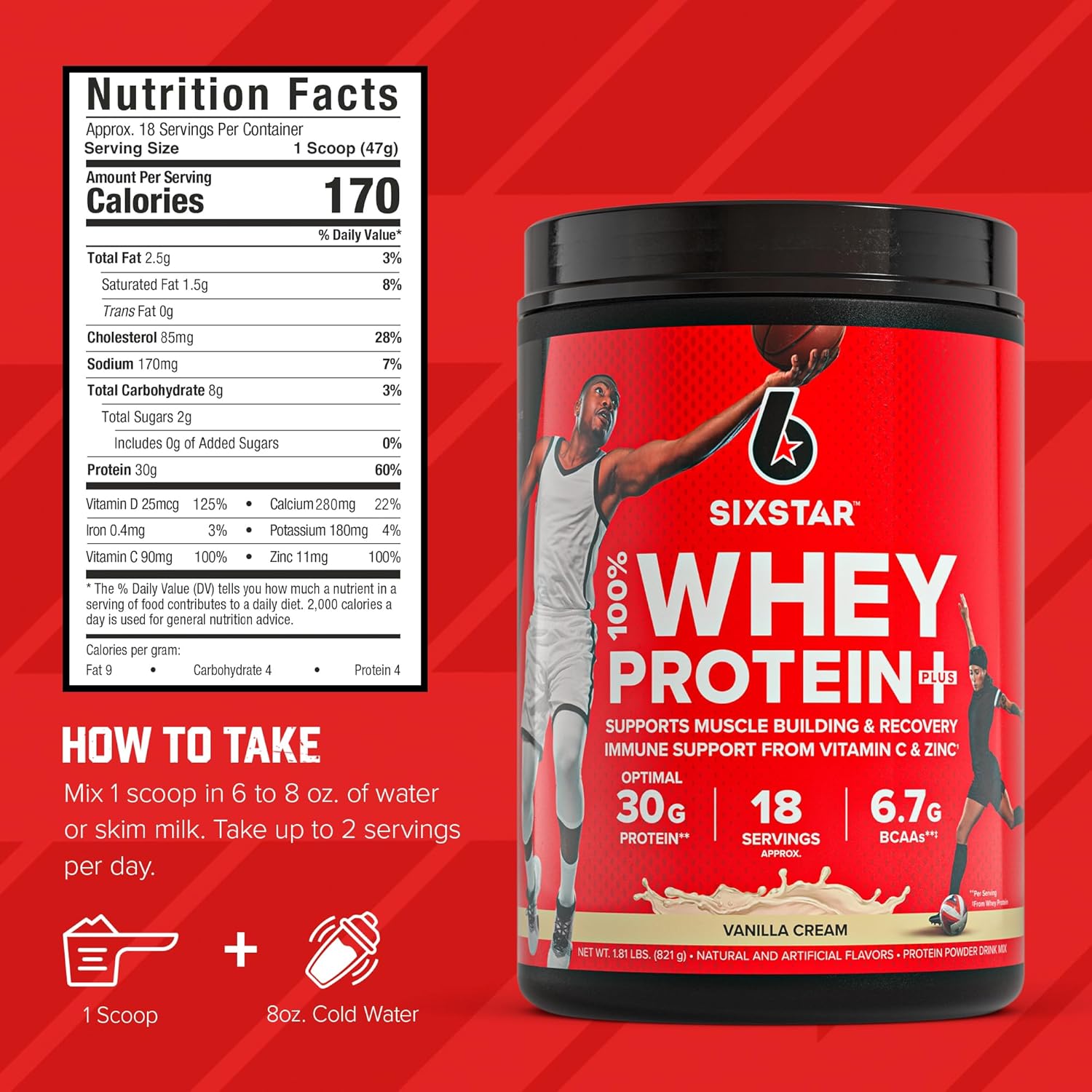 Six Star Whey Protein Powder Plus - Muscle Building & Recovery Formula with Whey Isolate Powder, BCAAs, 30g Protein, Immune Support - Post-Workout Supplement - Vanilla Cream, 1.8 lbs