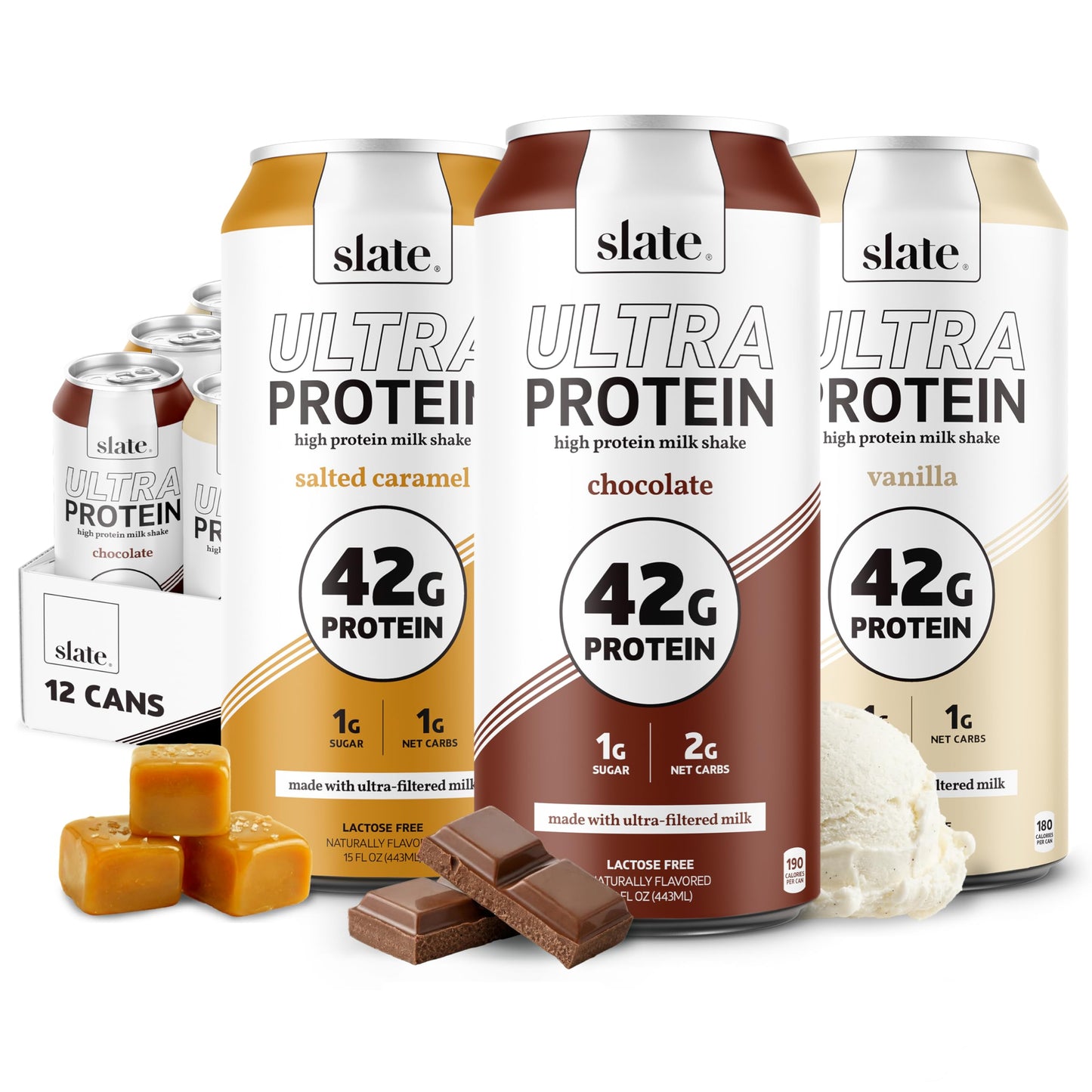Slate Milk - Ultra Protein Shake - Vanilla - 42g Protein, 1g Sugar, 180 Calories, 1g Net Carbs - Lactose Free, No Added Sugar - Made with Ultra Filtered Milk - Breakfast Boost, Post Workout - 15 fl oz, 12 Cans