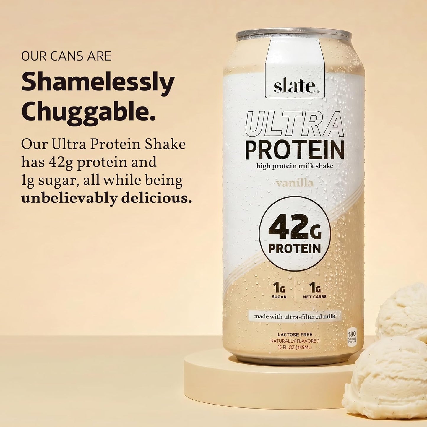 Slate Milk - Ultra Protein Shake - Vanilla - 42g Protein, 1g Sugar, 180 Calories, 1g Net Carbs - Lactose Free, No Added Sugar - Made with Ultra Filtered Milk - Breakfast Boost, Post Workout - 15 fl oz, 12 Cans