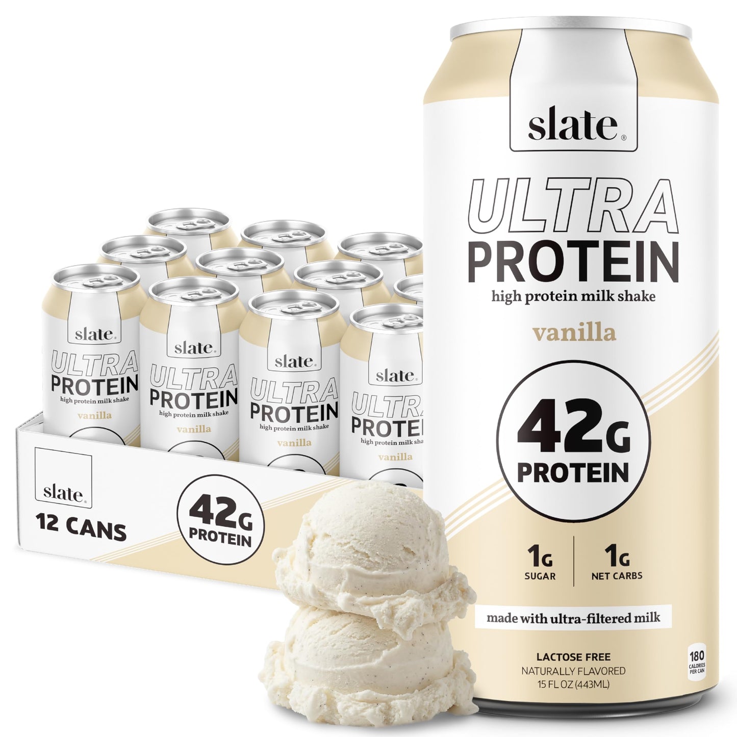Slate Milk - Ultra Protein Shake - Chocolate - 42g Protein, 1g Sugar, 190 Calories, 2g Net Carbs - Lactose Free, No Added Sugar - Made with Ultra Filtered Milk - Breakfast Boost, Post Workout - 15 fl oz, 12 Cans