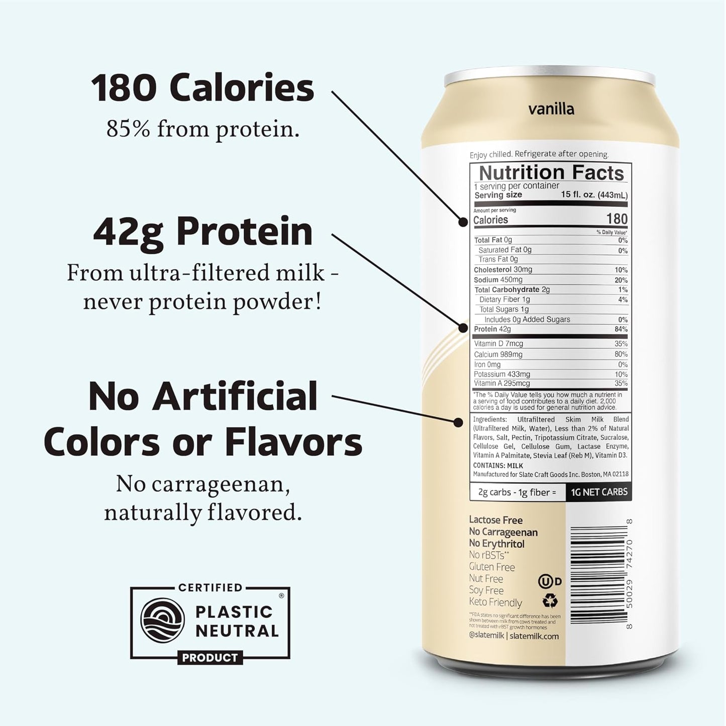 Slate Milk - Ultra Protein Shake - Vanilla - 42g Protein, 1g Sugar, 180 Calories, 1g Net Carbs - Lactose Free, No Added Sugar - Made with Ultra Filtered Milk - Breakfast Boost, Post Workout - 15 fl oz, 12 Cans