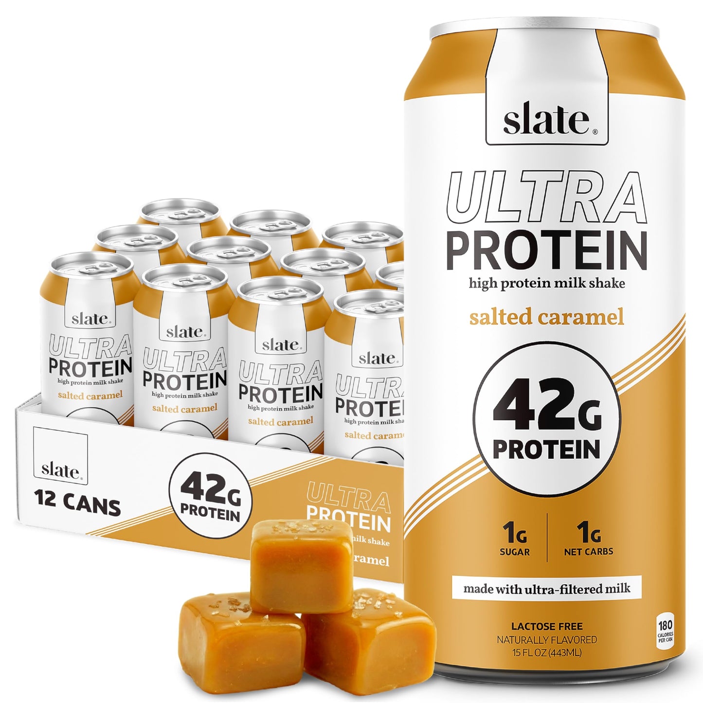 Slate Milk - Ultra Protein Shake - Vanilla - 42g Protein, 1g Sugar, 180 Calories, 1g Net Carbs - Lactose Free, No Added Sugar - Made with Ultra Filtered Milk - Breakfast Boost, Post Workout - 15 fl oz, 12 Cans