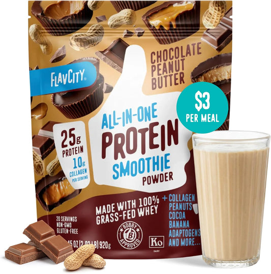FlavCity Grass Fed Whey Chocolate Protein Powder - Chocolate Peanut Butter - 25g Protein & 10g Collagen - Made with Organic Cocoa & Coconut Milk - Gluten Free & No Added Sugars (20 Servings)