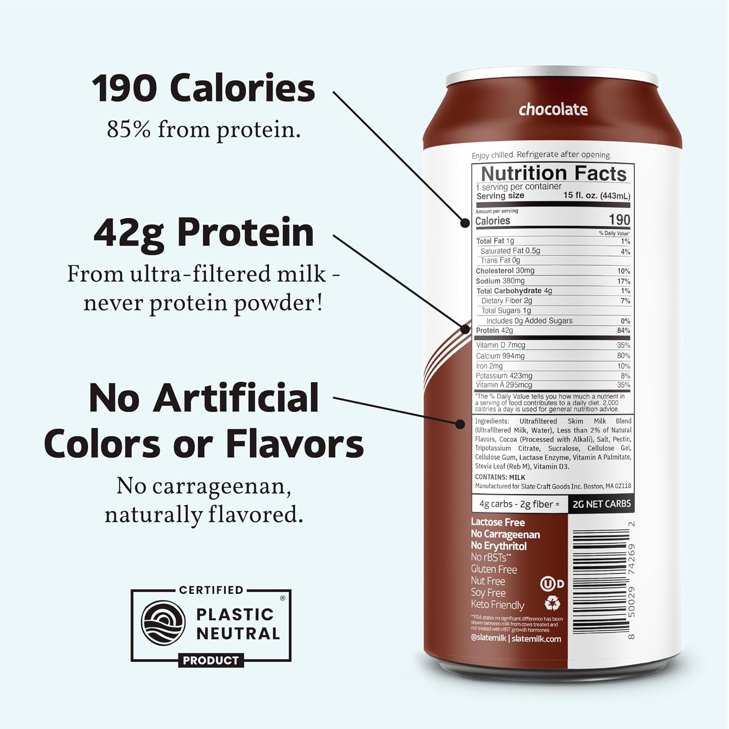 Slate Milk - Ultra Protein Shake - Chocolate - 42g Protein, 1g Sugar, 190 Calories, 2g Net Carbs - Lactose Free, No Added Sugar - Made with Ultra Filtered Milk - Breakfast Boost, Post Workout - 15 fl oz, 12 Cans